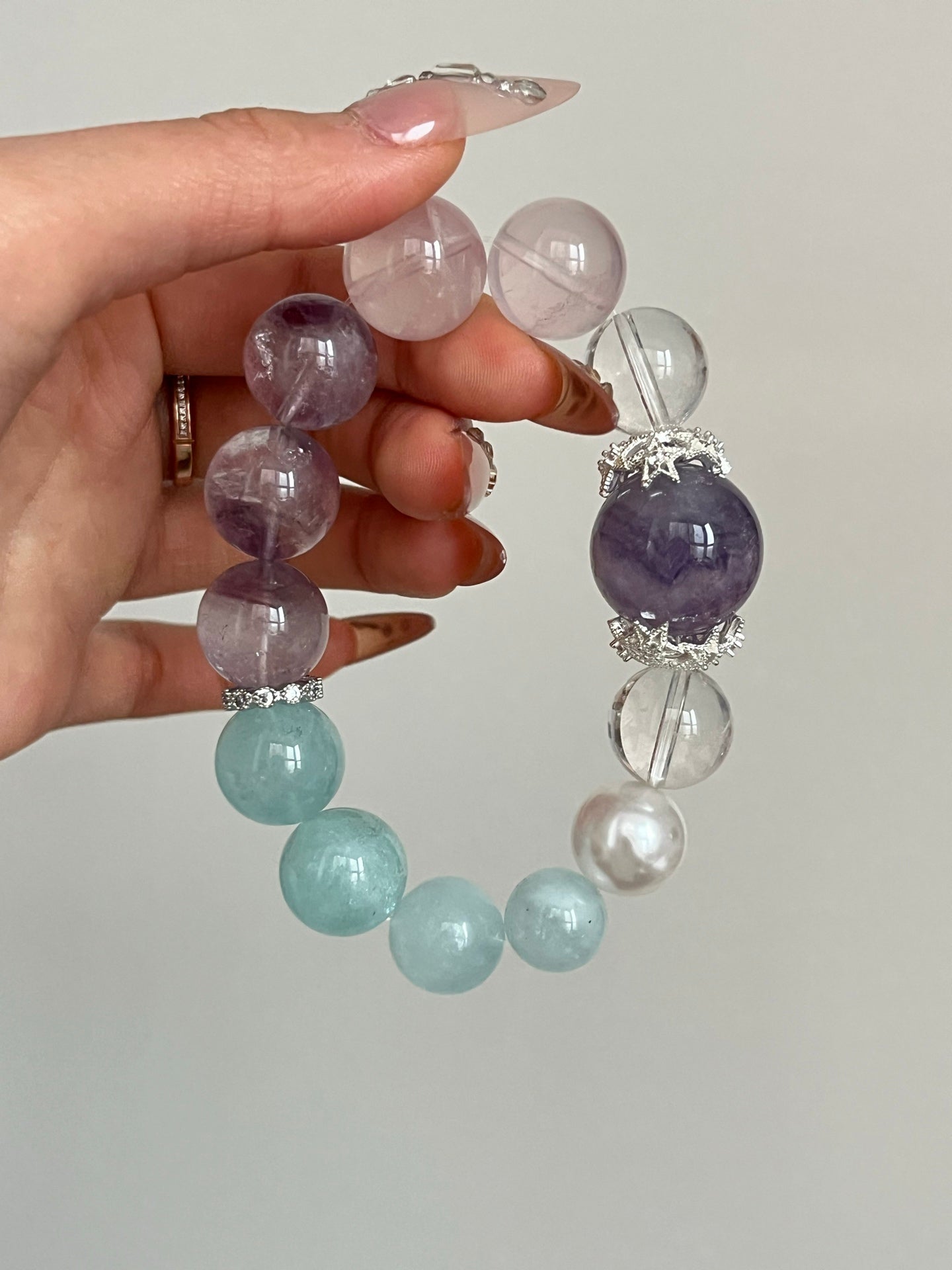 Amethyst, Rose Quartz, and Aquamarine Crystal Bracelet