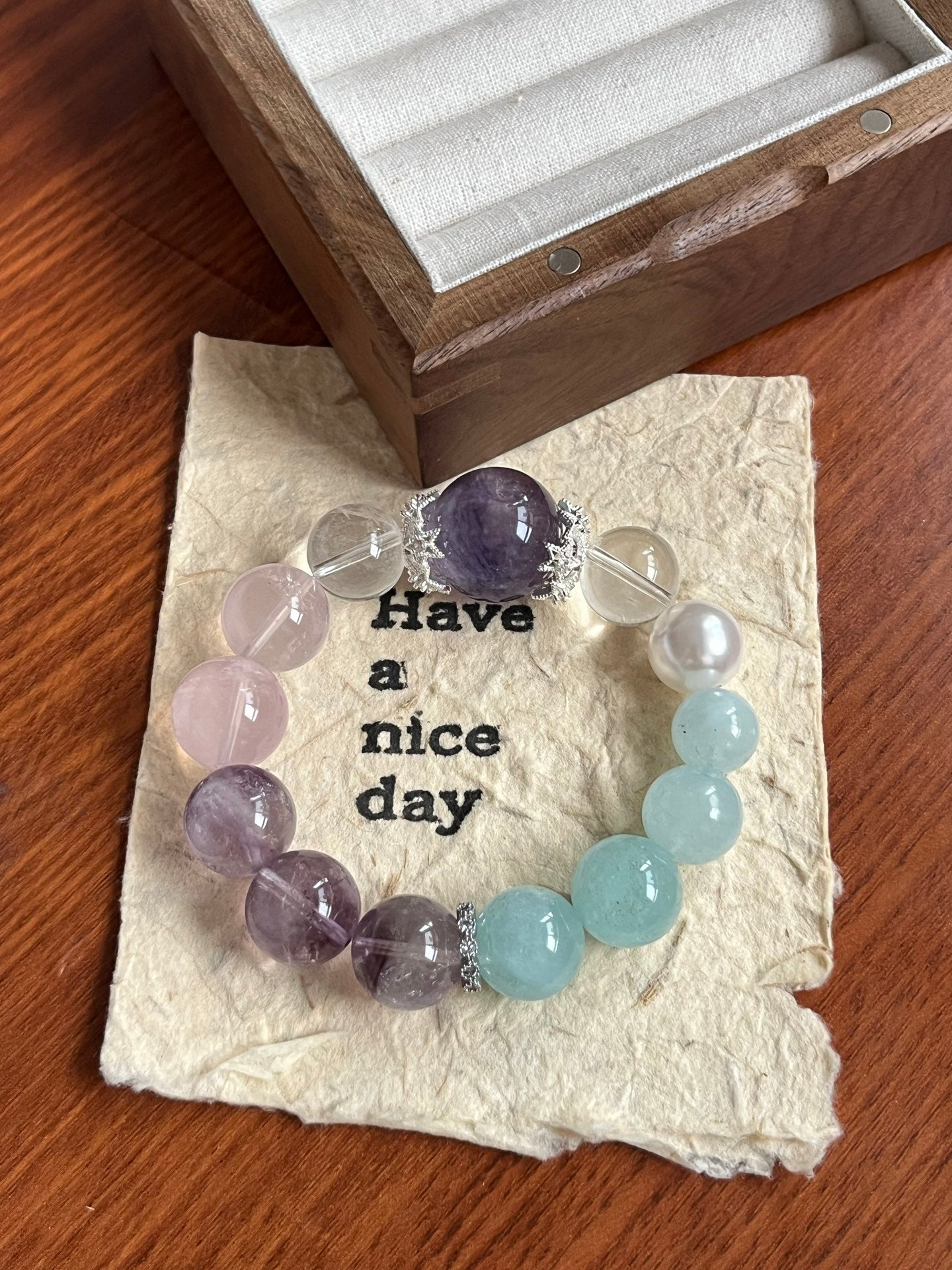 Amethyst, Rose Quartz, and Aquamarine Crystal Bracelet