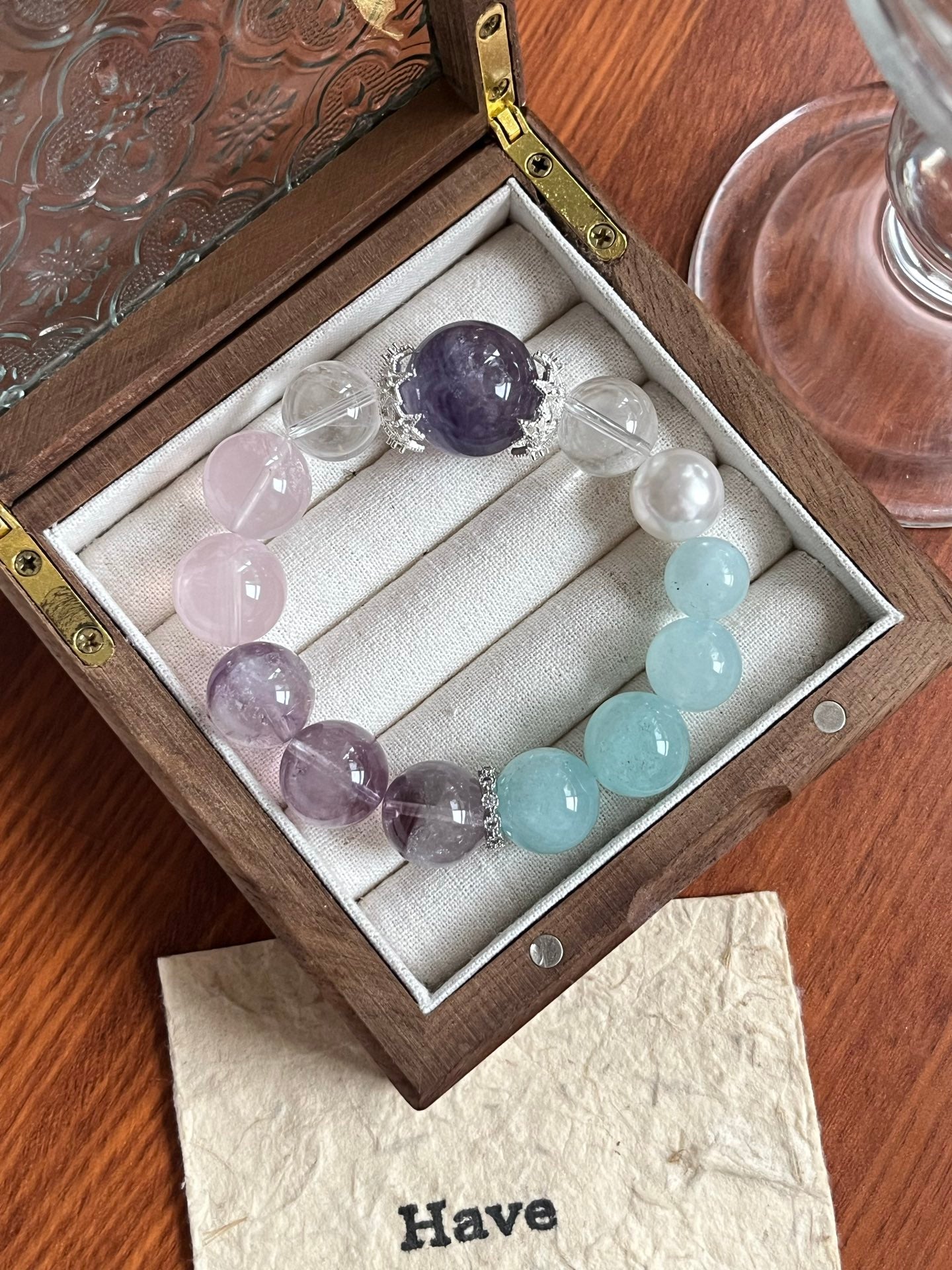 Amethyst, Rose Quartz, and Aquamarine Crystal Bracelet