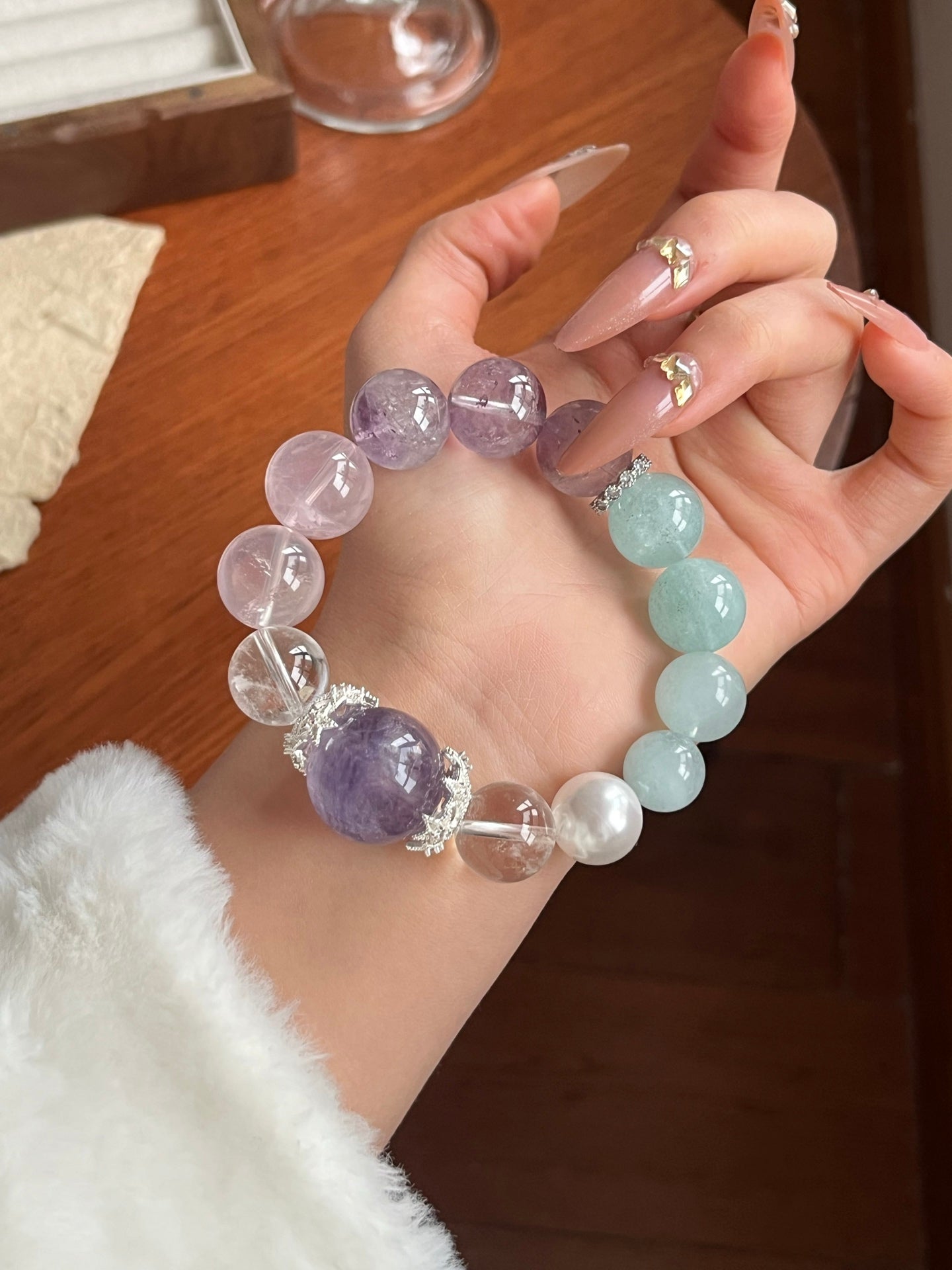 Amethyst, Rose Quartz, and Aquamarine Crystal Bracelet