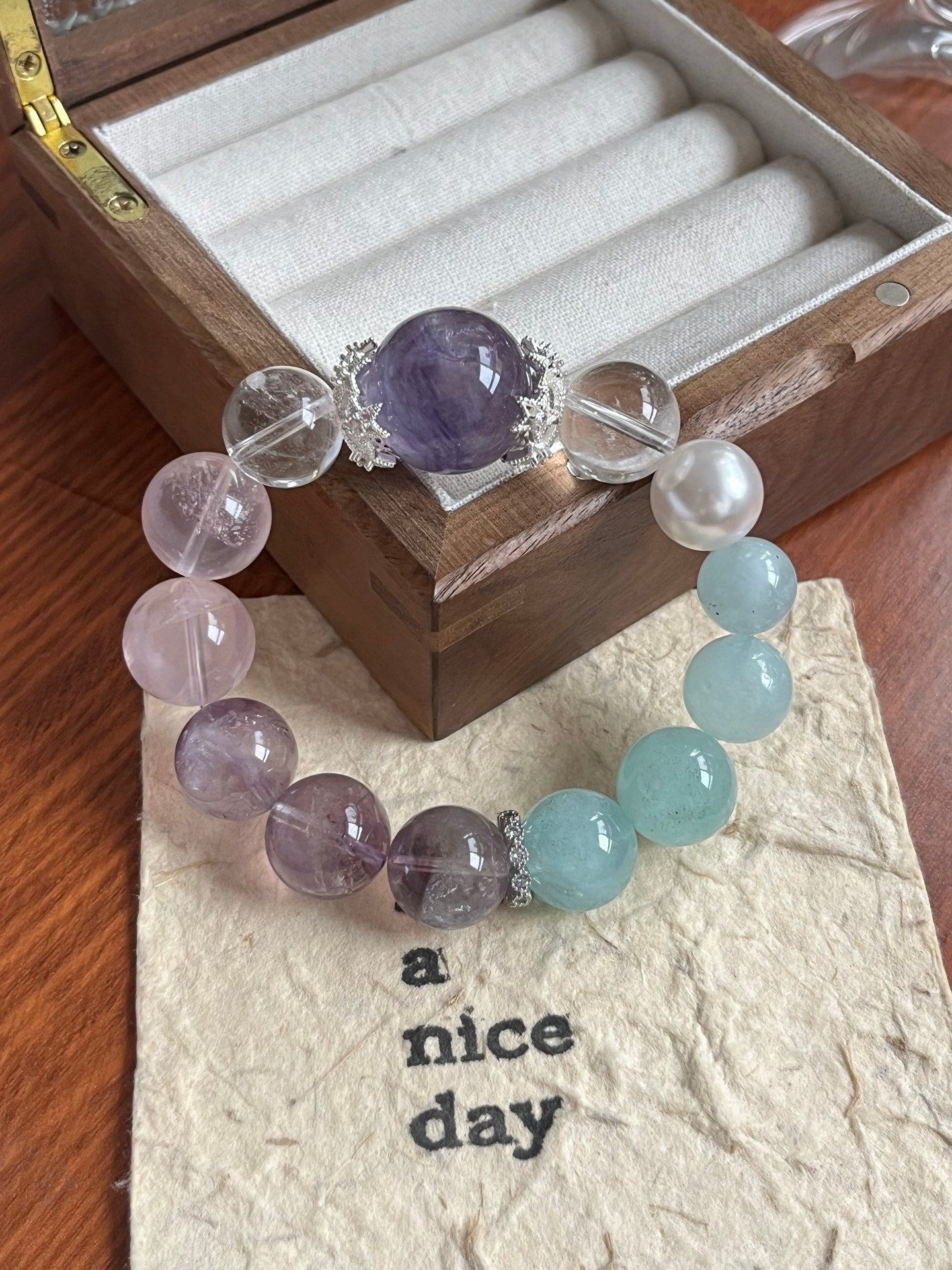 Amethyst, Rose Quartz, and Aquamarine Crystal Bracelet