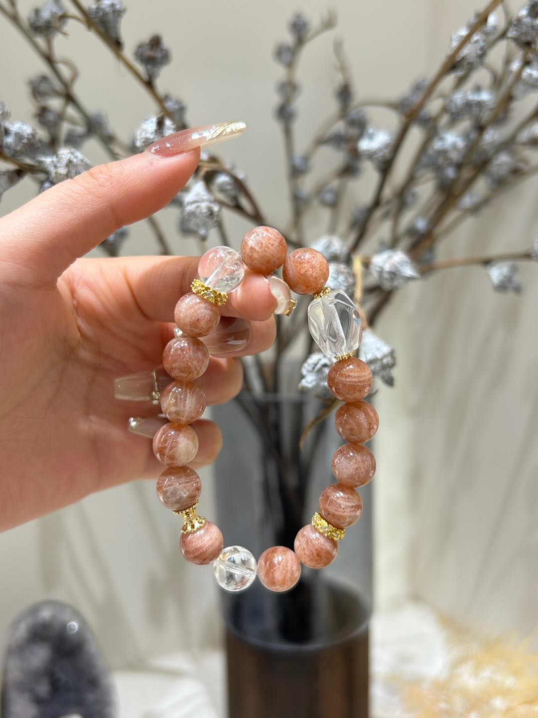 Red Agate & Clear Quartz Crystal Bracelet