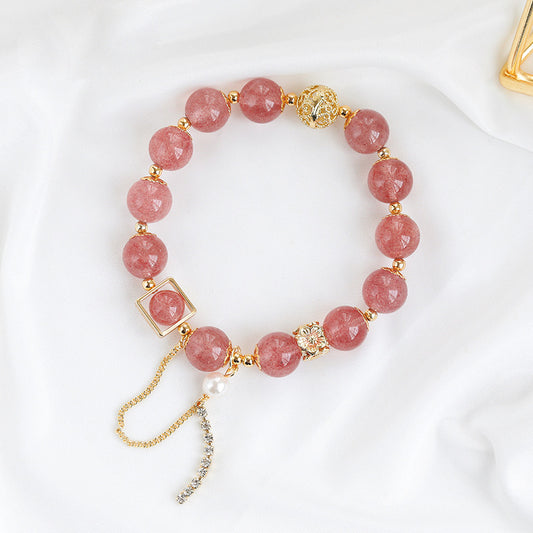 Strawberry Quartz & Pearl Crystal Bracelet