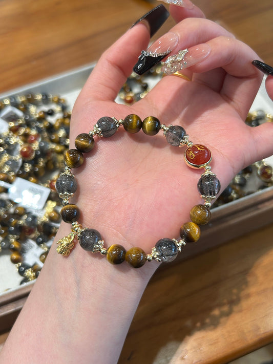 Tiger eye and black rutile quartz bracelet for confidence and protection