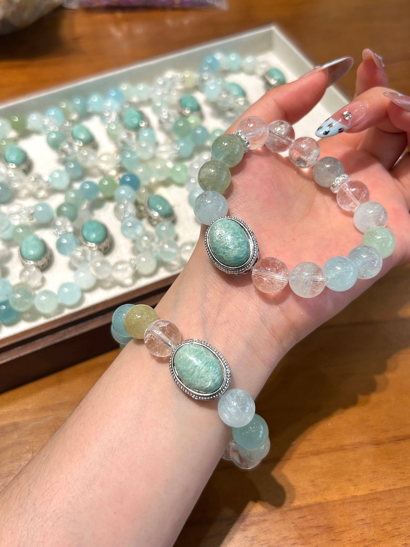 Aquamarine and amazonite bracelet for calm and communication
