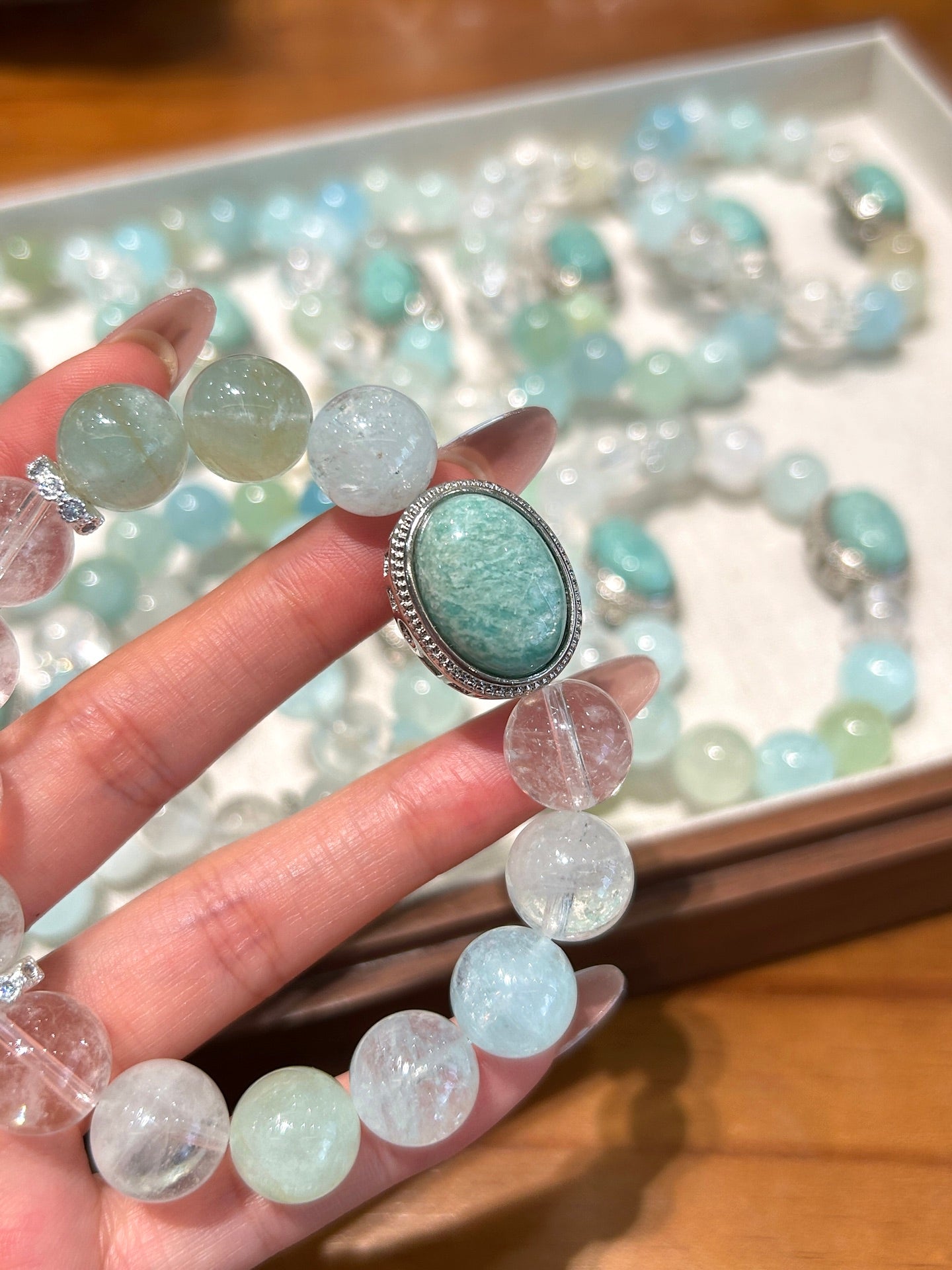 Close-up of aquamarine and amazonite healing stones