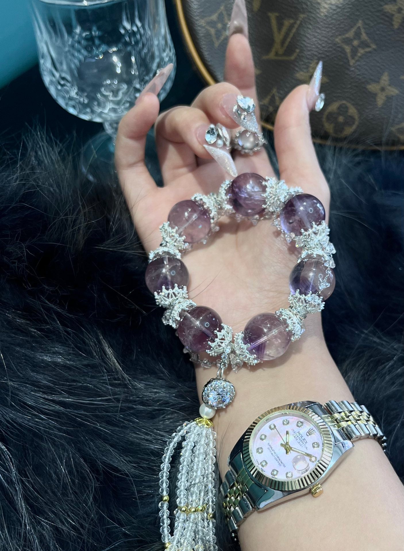 Amethyst and Crystal Tassel Bracelet