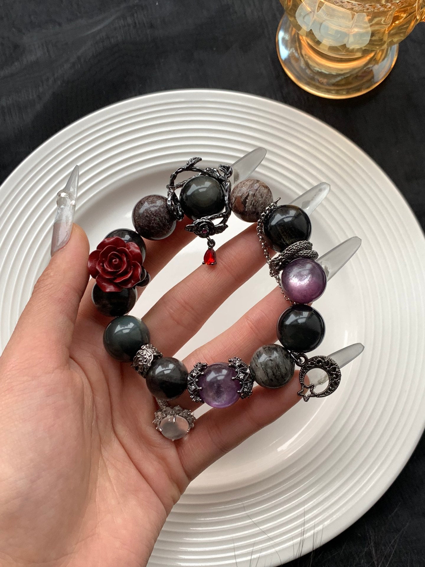 Amethyst and Dark Stone Bracelet