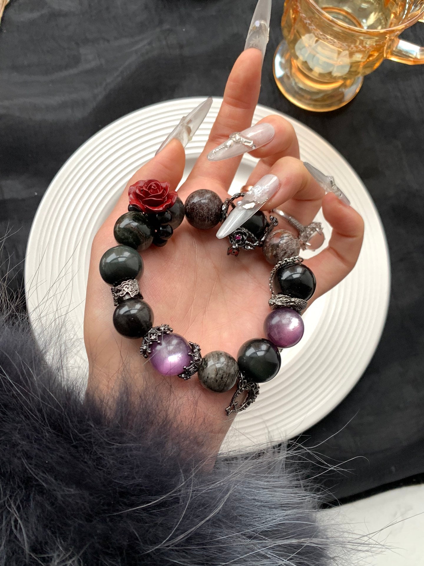 Amethyst and Dark Stone Bracelet