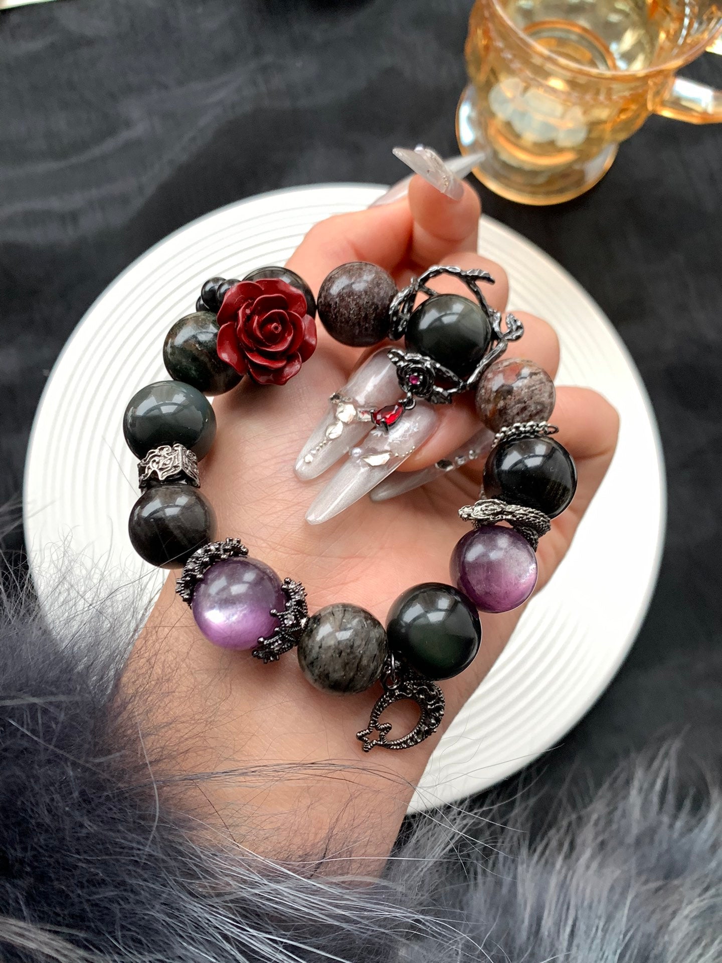 Amethyst and Dark Stone Bracelet