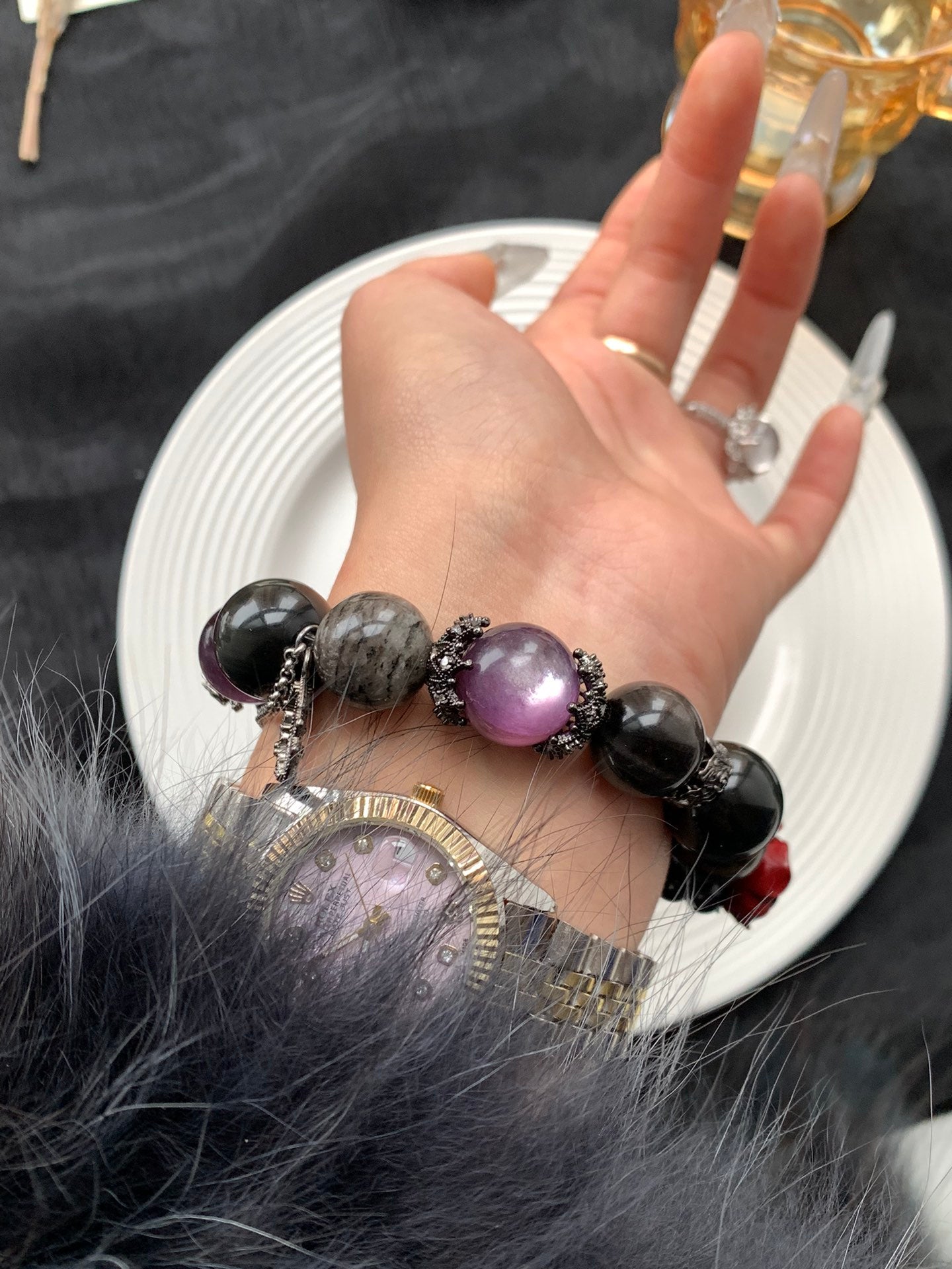 Amethyst and Dark Stone Bracelet