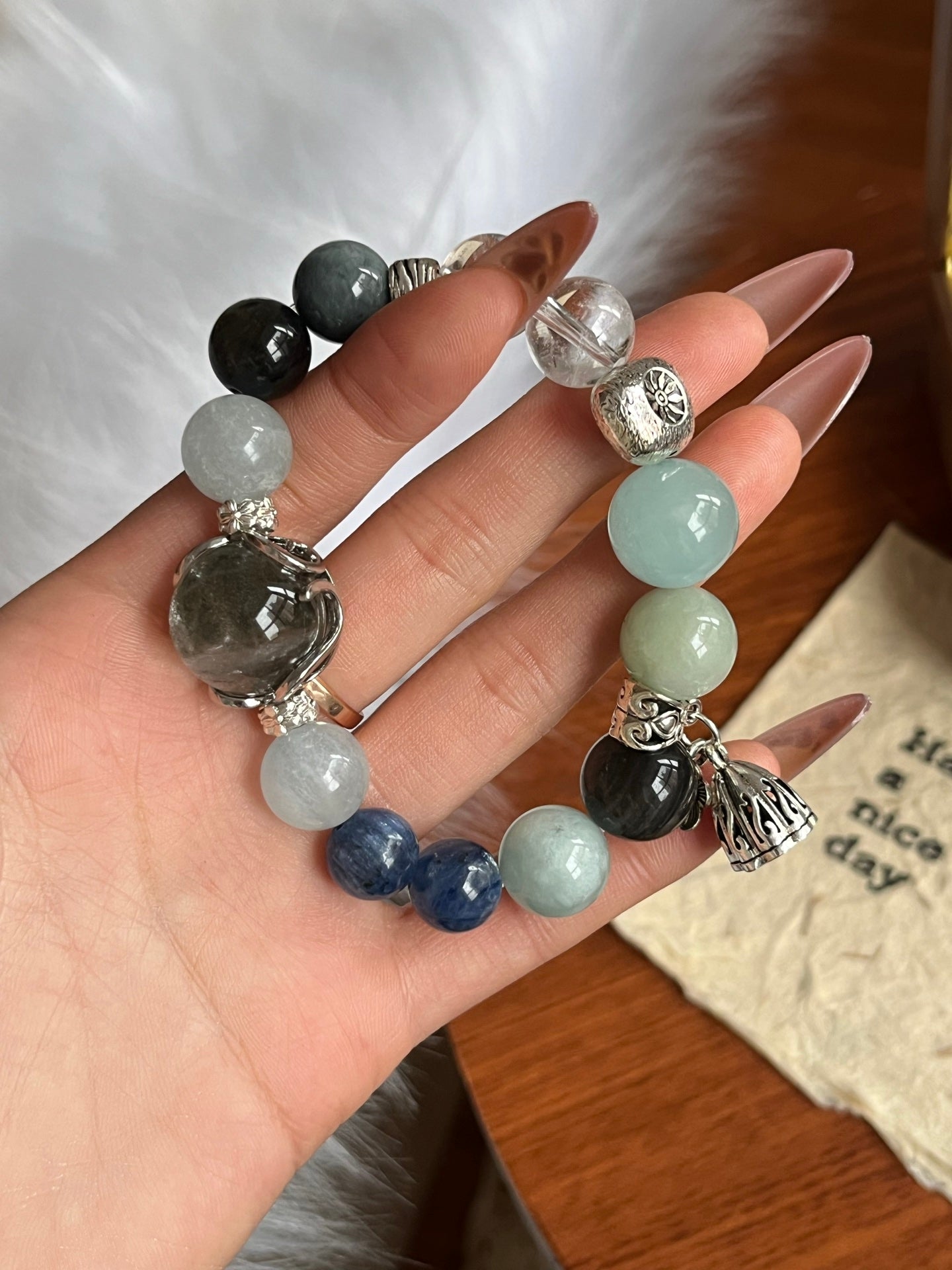 Aquamarine, Labradorite, and Blue Lace Agate Crystal Bracelet