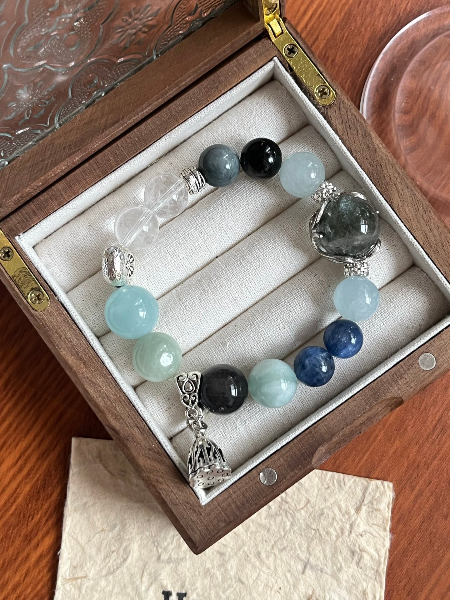 Aquamarine, Labradorite, and Blue Lace Agate Crystal Bracelet