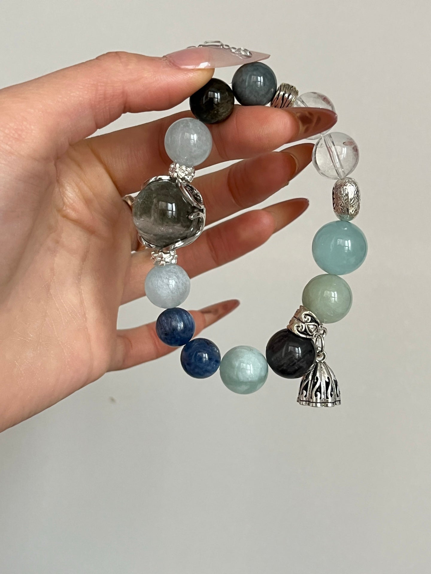 Aquamarine, Labradorite, and Blue Lace Agate Crystal Bracelet