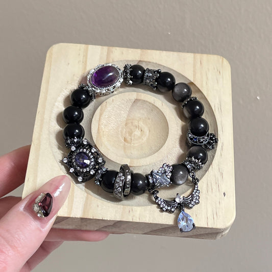 Gothic Black Obsidian & Amethyst Bracelet