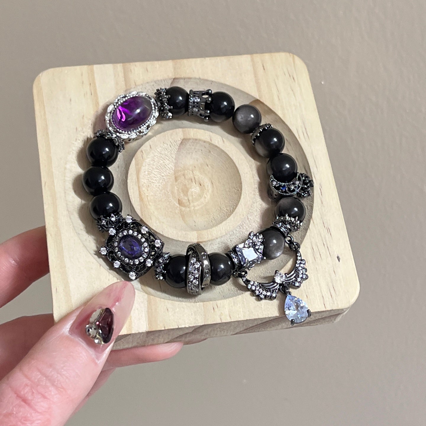 Gothic Black Obsidian & Amethyst Bracelet